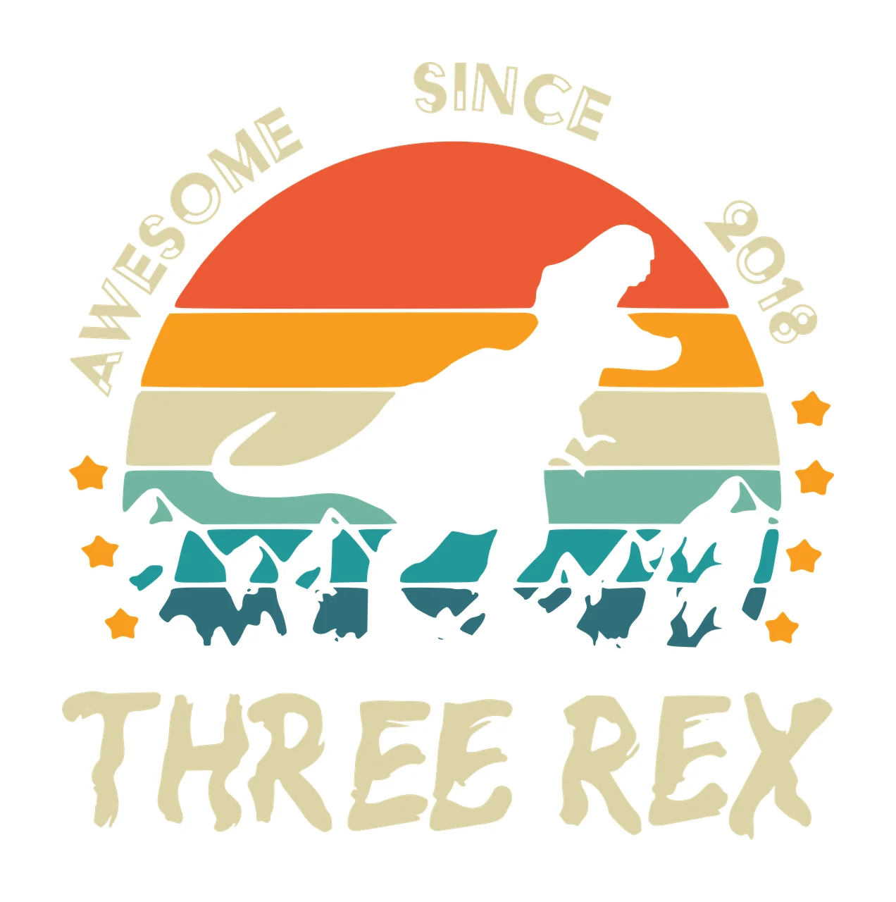 AWESOME SINCE 2018 THREE REX dinosaur silhouette and retro sunset Design with striped sunset, mountain range, stars and curved text in orange, yellow and teal