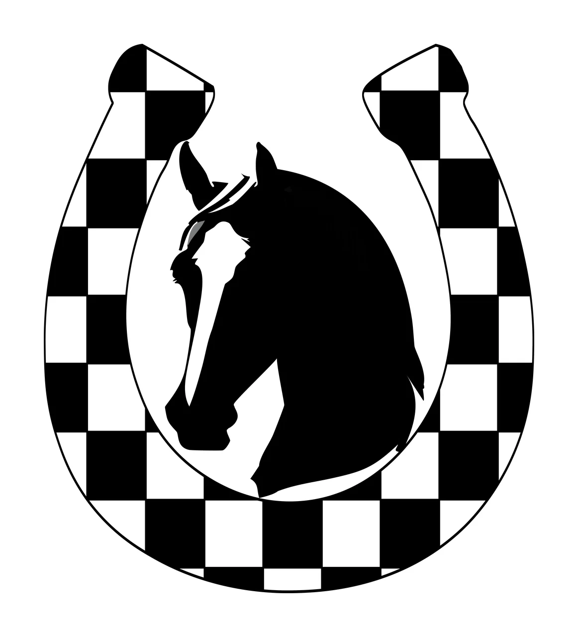 Horse Head In Horseshoe Silhouette and Framing Graphic Black