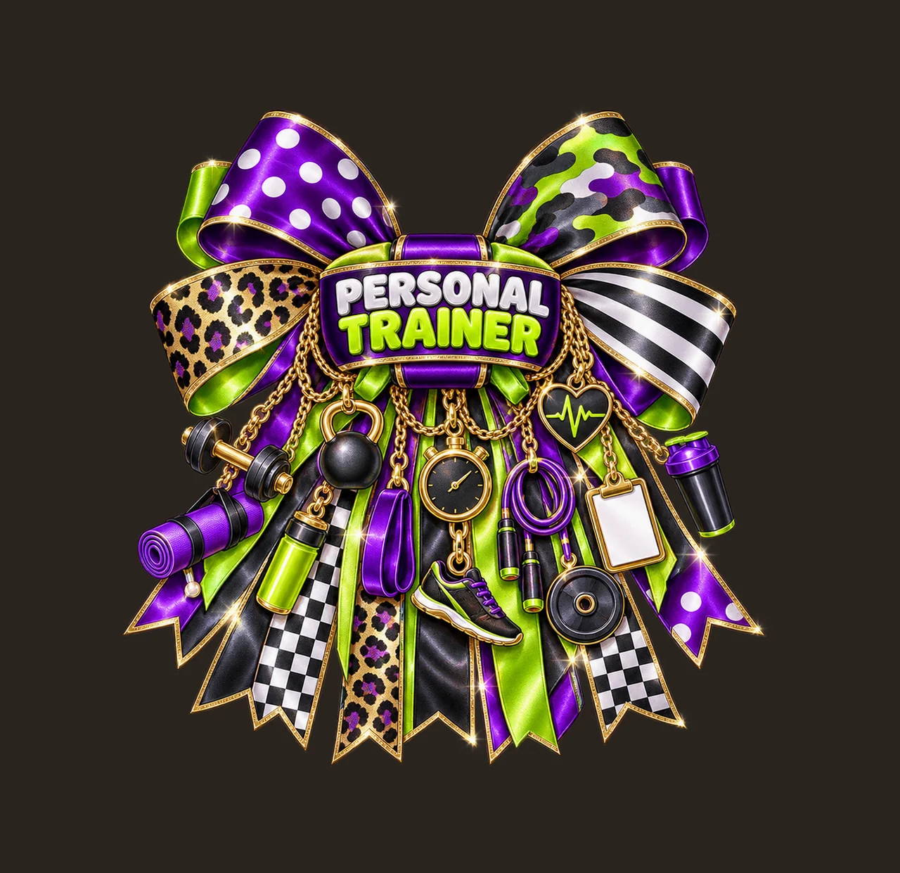Personal Trainer Bow Charm PNG, Gold Chain Charms, Transparent Sublimation Design, Digital Download contrast preview thumbnail