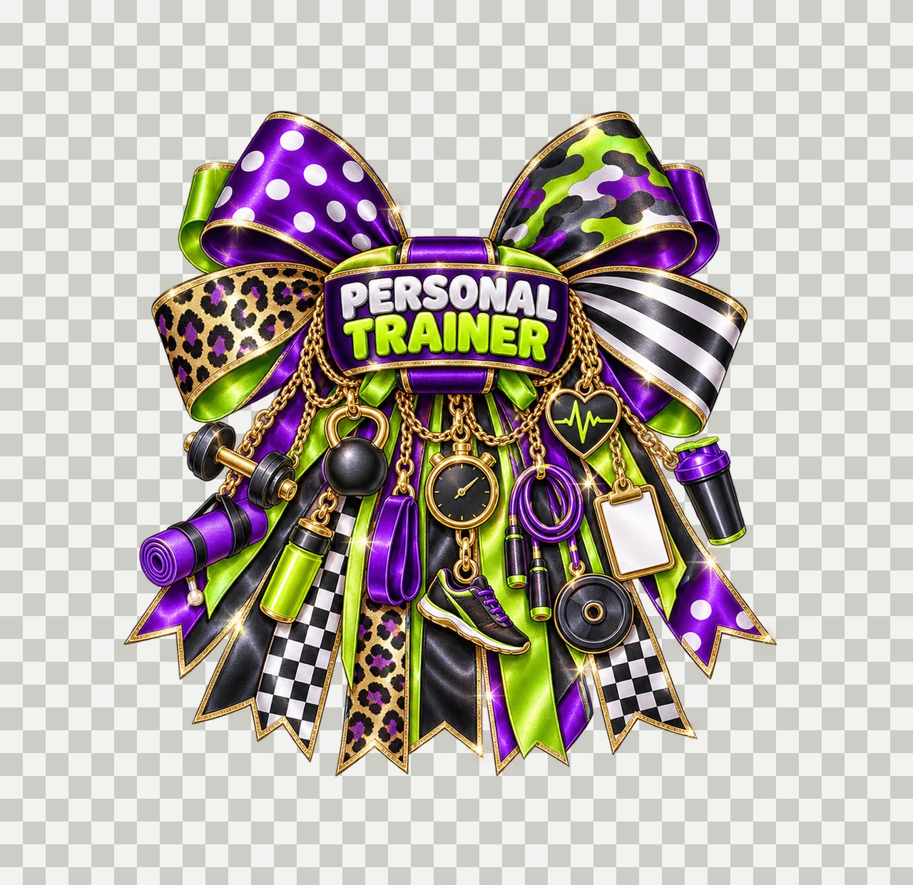 Personal Trainer Bow Charm PNG, Gold Chain Charms, Transparent Sublimation Design, Digital Download transparency and detail preview thumbnail