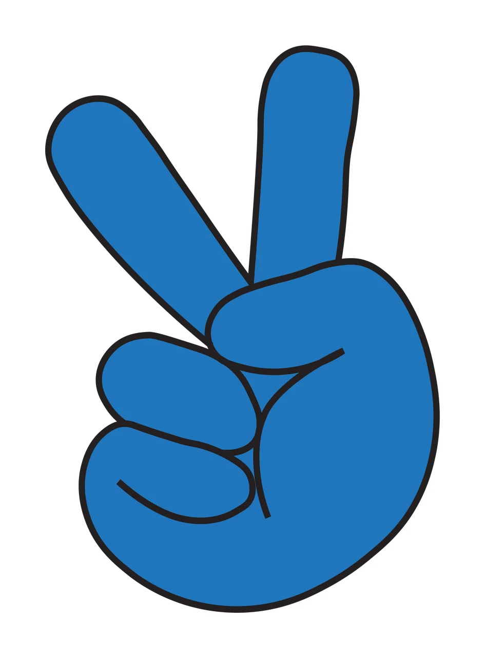 Blue cartoon hand making peace sign Illustration with two fingers raised and three fingers curled
