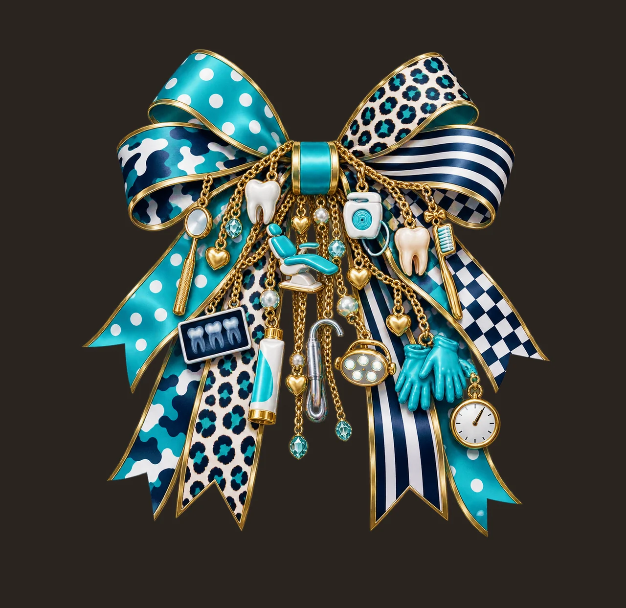 Dentist Bow Charm PNG, Themed Gold Chain Charms, Coquette Ribbon Sublimation Design, Transparent Digital Download contrast preview thumbnail
