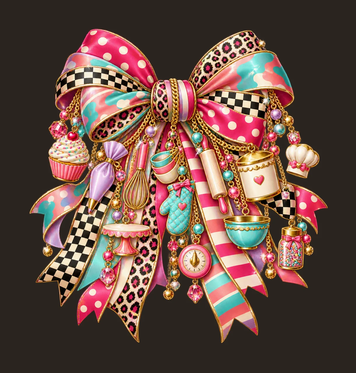 Cupcake Baker Bow Charm PNG, Cupcake Piping Bag Whisk and Baking Charms, Bakery Sublimation Design, Transparent Download contrast preview thumbnail