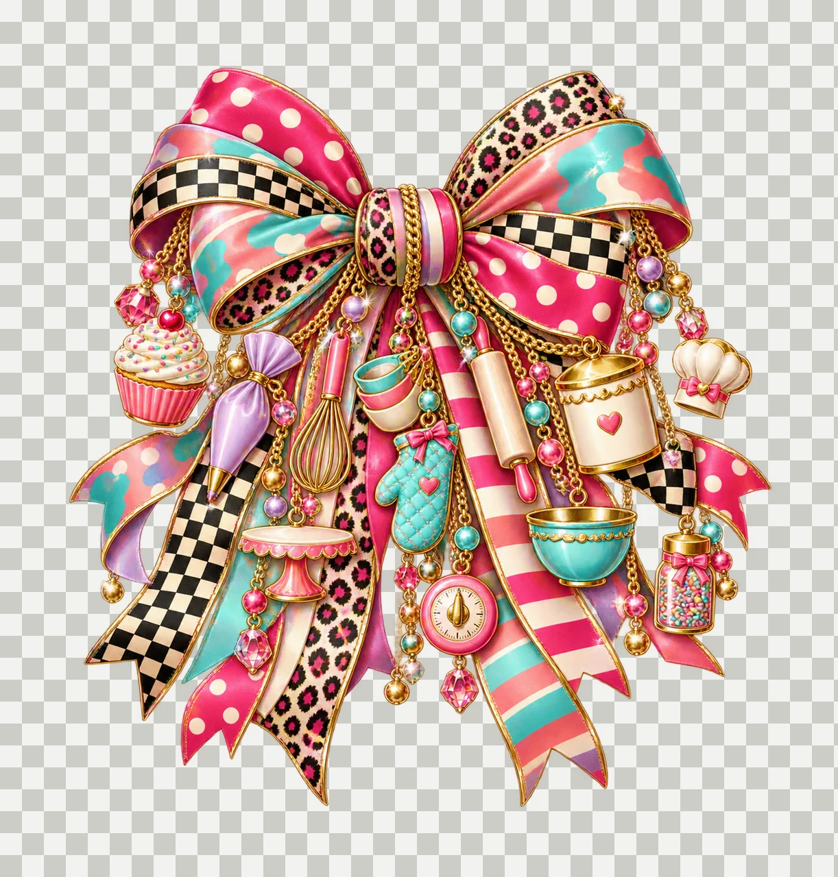 Cupcake Baker Bow Charm PNG, Cupcake Piping Bag Whisk and Baking Charms, Bakery Sublimation Design, Transparent Download transparency and detail preview thumbnail