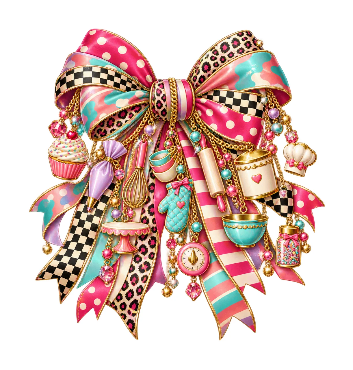 Cupcake Baker Bow Charm PNG, Cupcake Piping Bag Whisk and Baking Charms, Bakery Sublimation Design, Transparent Download