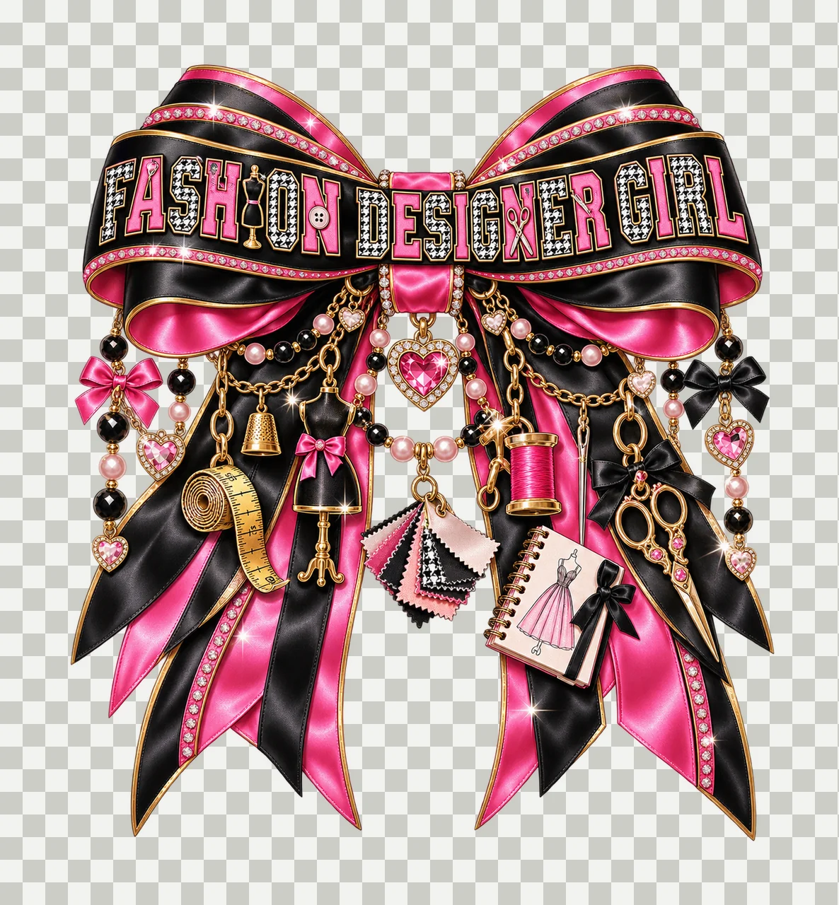 Fashion Designer Girl Bow Charm PNG, Coquette Ribbon Sublimation, Transparent Digital Download transparency and detail preview thumbnail