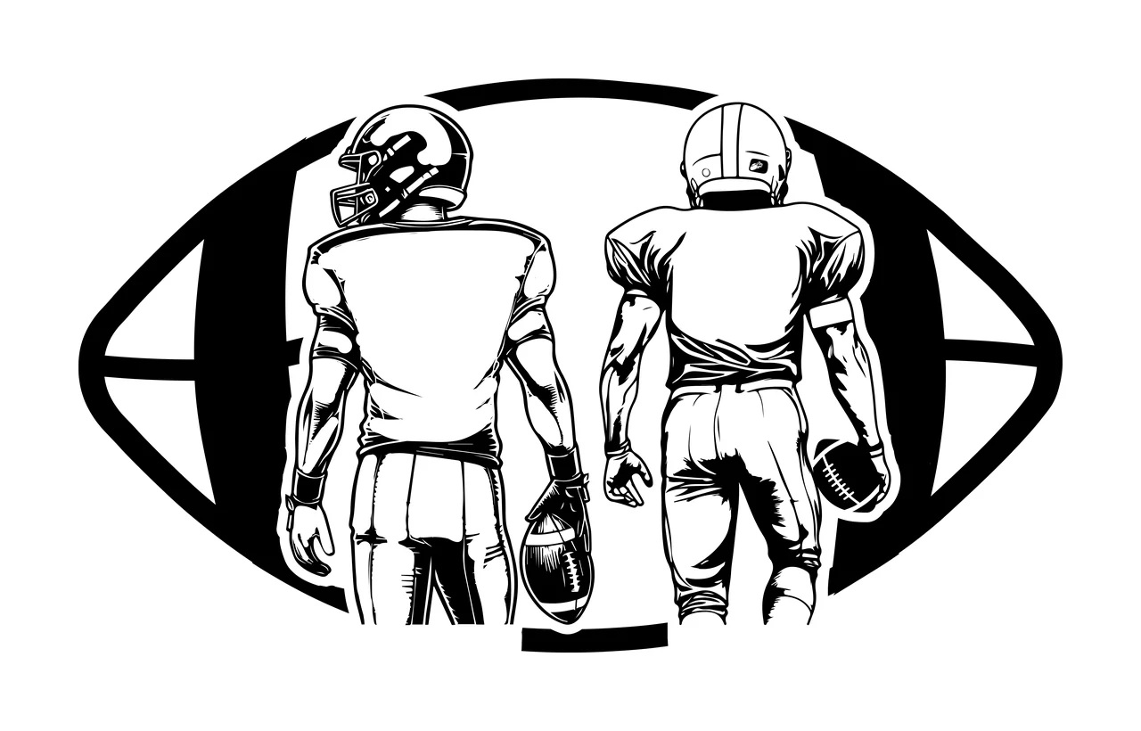Two Football Players American Over Ellipse Shape standing black and