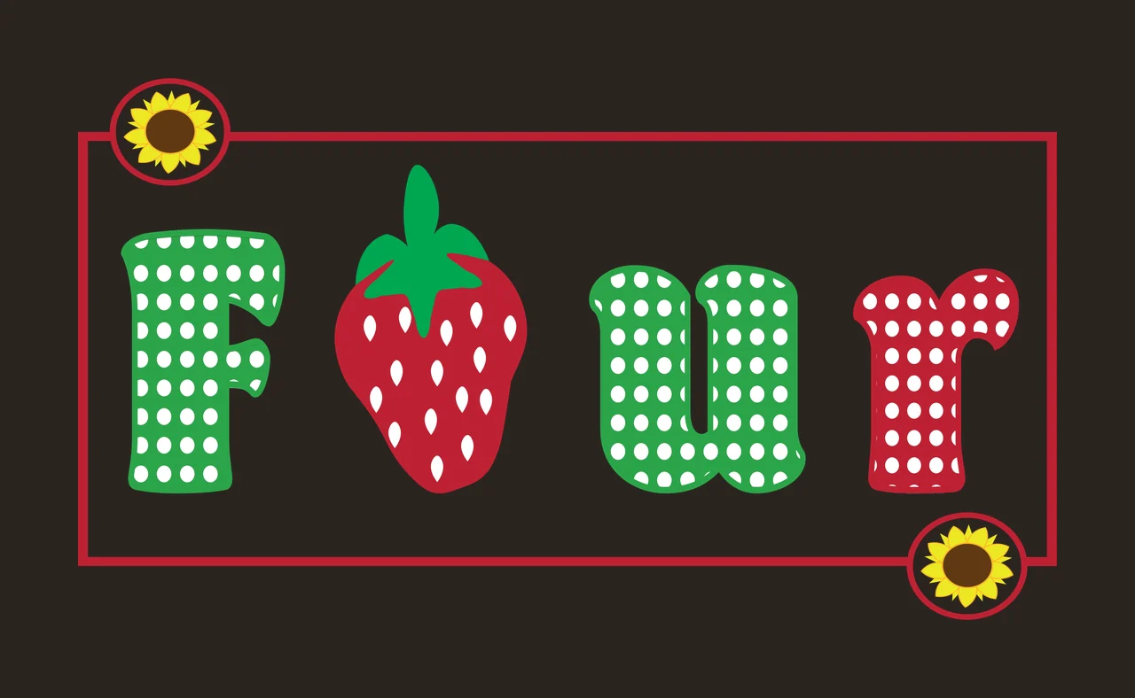 Four Typography Design with strawberry, polka dot letters, sunflower badges and rectangular frame in red, green and yellow contrast preview thumbnail