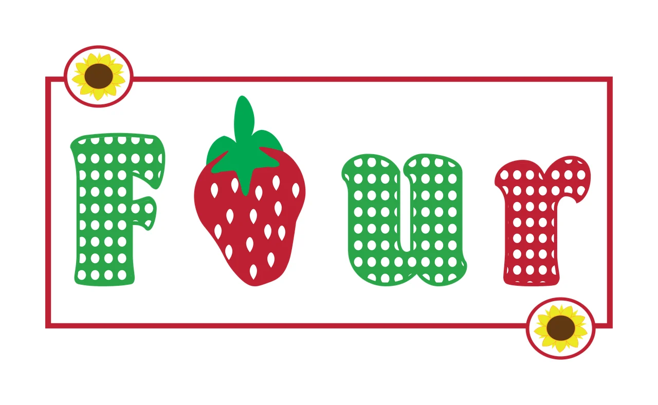 Four Typography Design with strawberry, polka dot letters, sunflower badges and rectangular frame in red, green and yellow