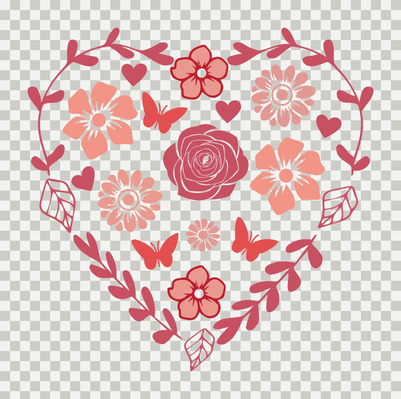 Floral heart composition Illustration with rose, flowers, butterflies and leaf vines in pink, red and peach transparency and detail preview thumbnail