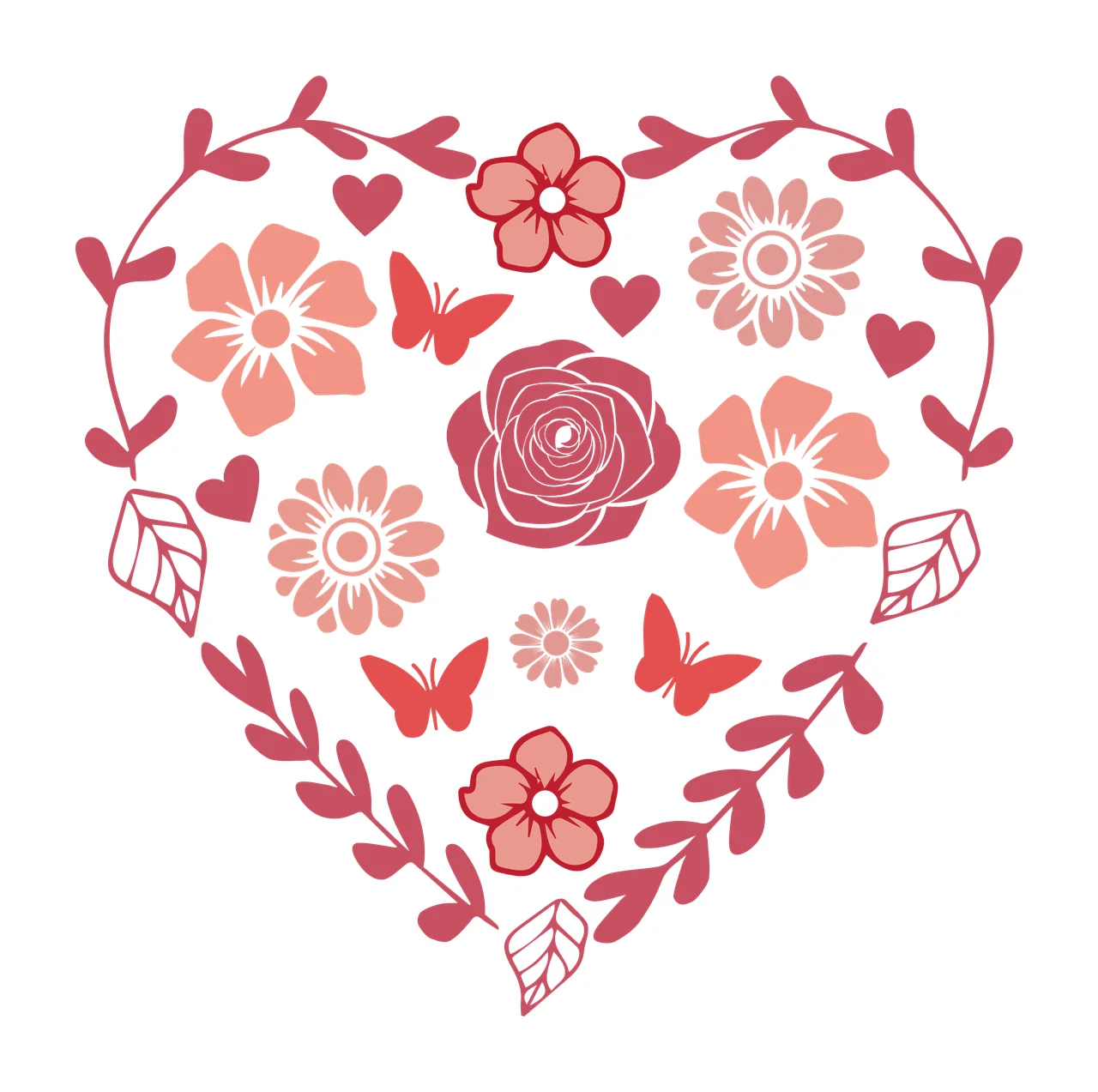 Floral heart composition Illustration with rose, flowers, butterflies and leaf vines in pink, red and peach