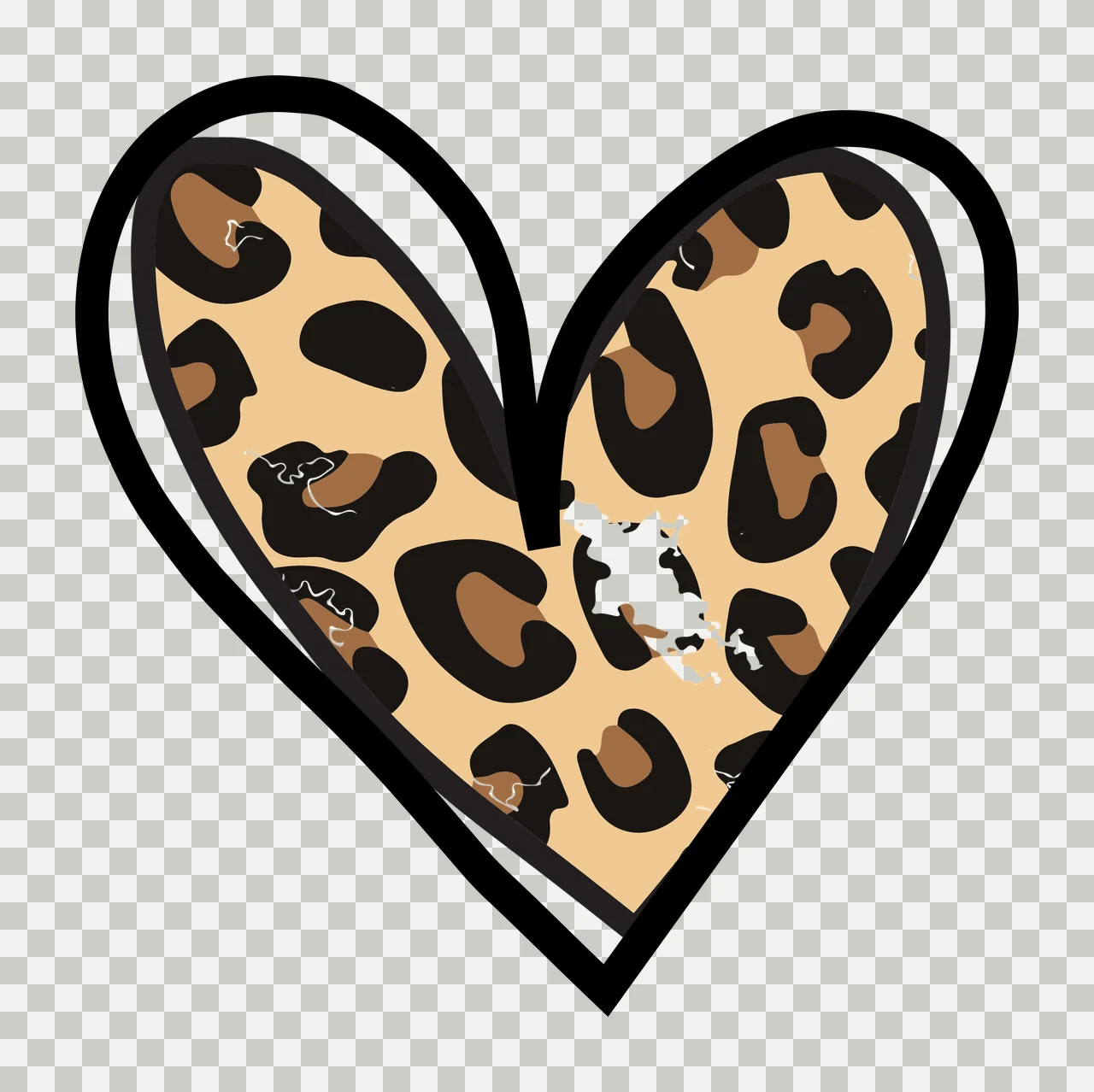 Flat Cartoon Illustration of Heart-shaped design with leopard print pattern with black heart outline, leopard print interior and white distressed patch in beige and brown transparency and detail preview thumbnail
