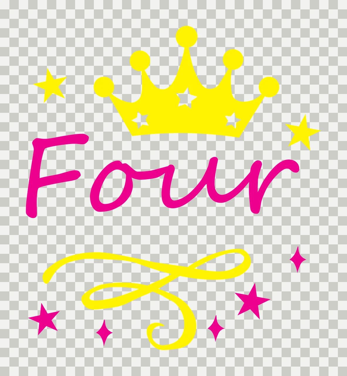 Four Fourth birthday Design with pink cursive text, yellow crown and white stars transparency and detail preview thumbnail