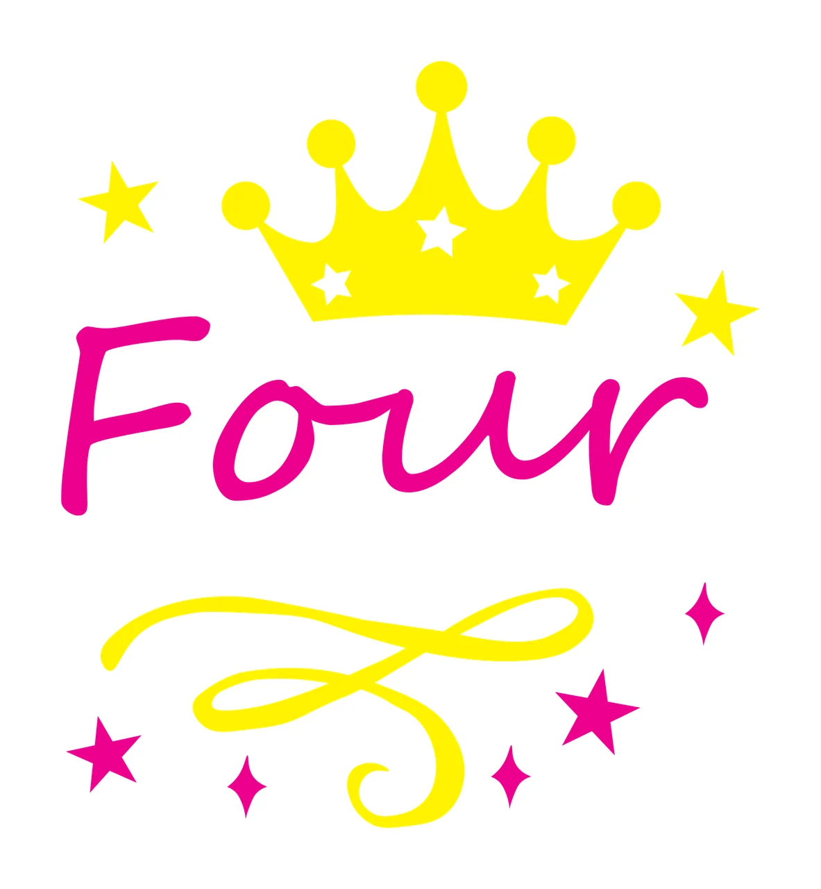 Four Fourth birthday Design with pink cursive text, yellow crown and white stars