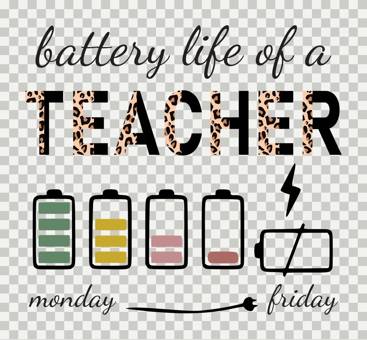 Battery life of a TEACHER monday friday Typography Design with script text, leopard print letters, battery icons and progress bars in black, white and green transparency and detail preview thumbnail