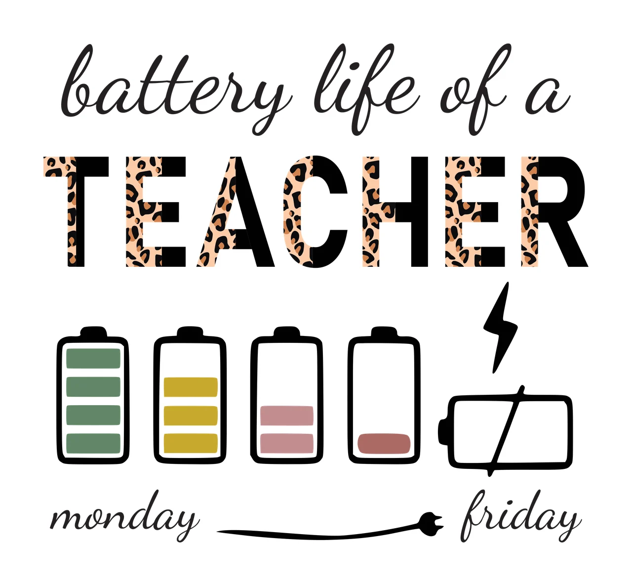 Battery life of a TEACHER monday friday Typography Design with script text, leopard print letters, battery icons and progress bars in black, white and green