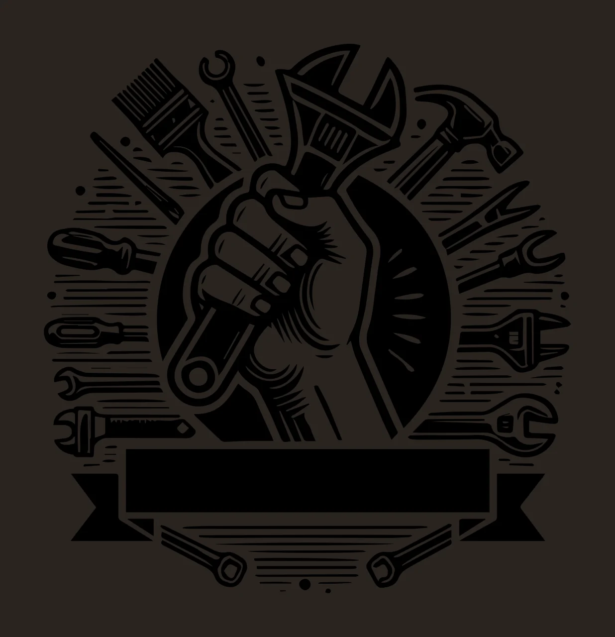 Hand Holding Wrench With Surrounding Tools ribbon black spanner contrast preview thumbnail