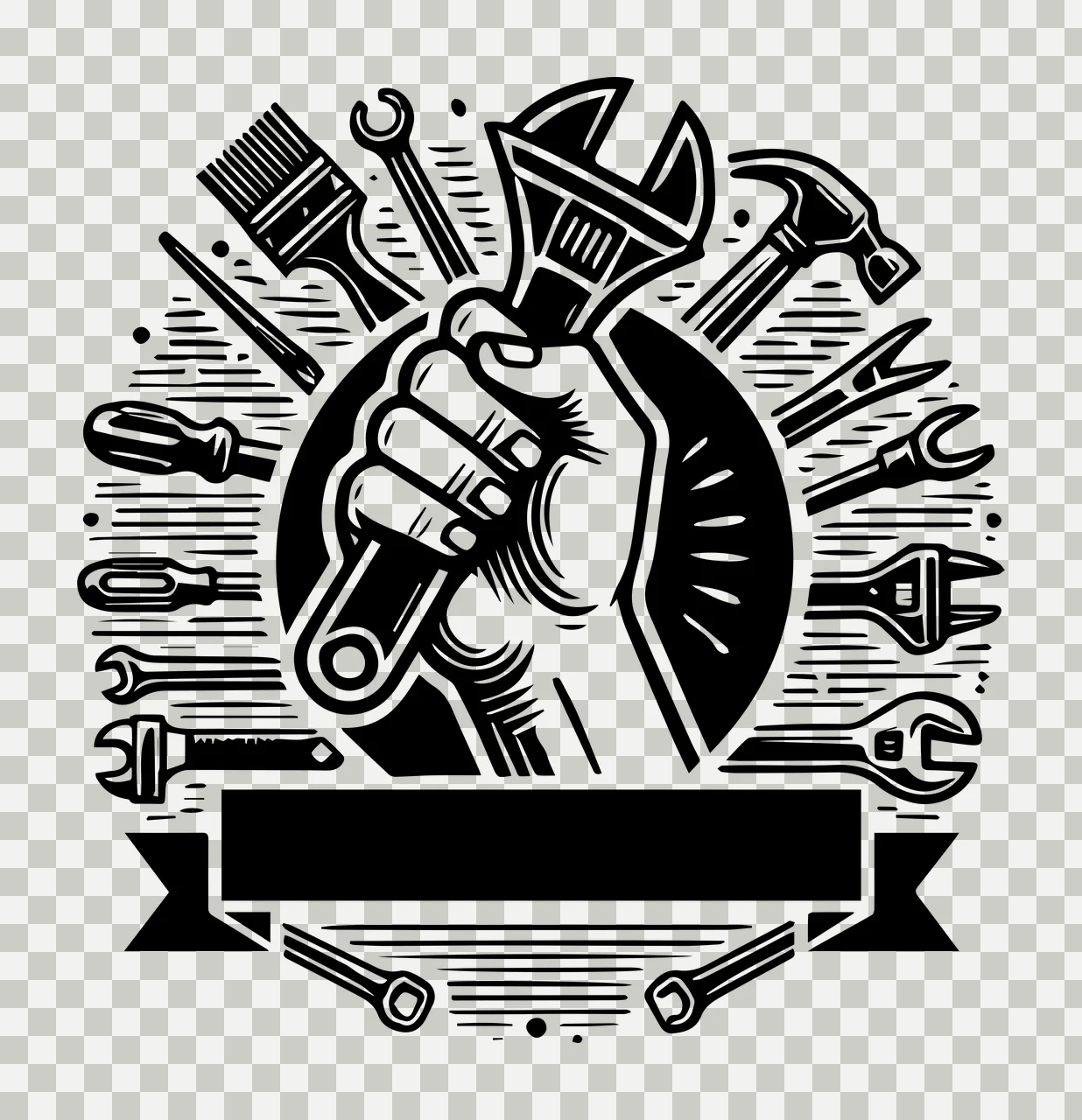 Hand Holding Wrench With Surrounding Tools ribbon black spanner transparency and detail preview thumbnail