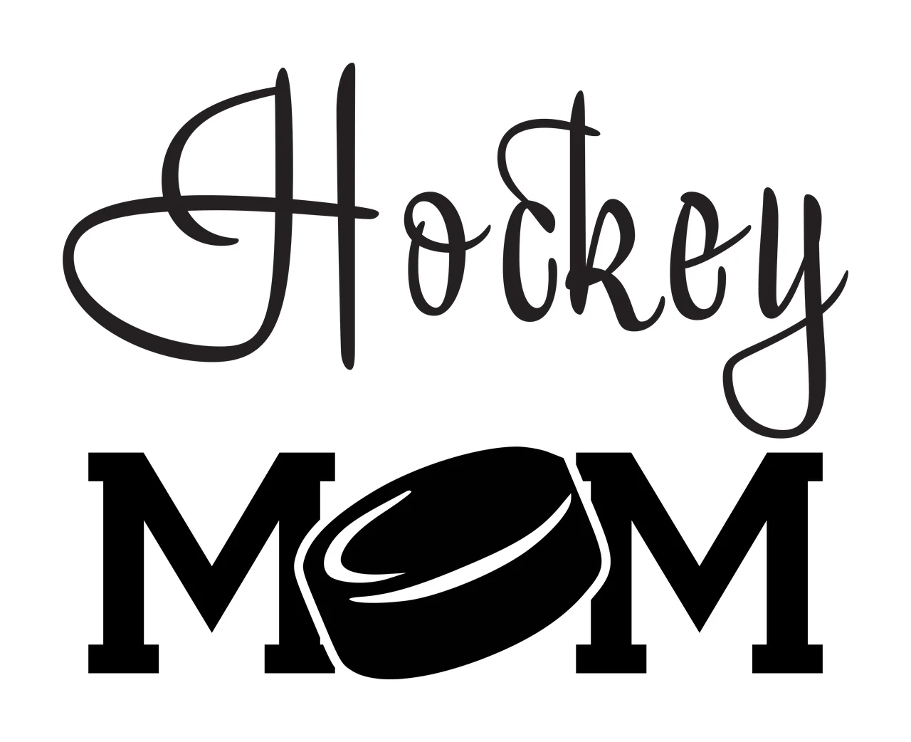 Hockey MOM Typography Design with Hockey text and hockey puck in black and white