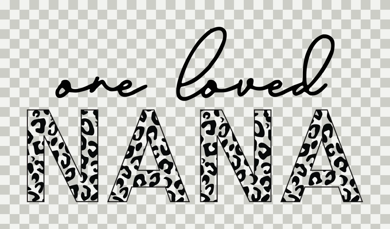 One loved NANA Typography Design with black cursive text 'one loved', block letters 'NANA' filled with black-on-white leopard print and white background transparency and detail preview thumbnail
