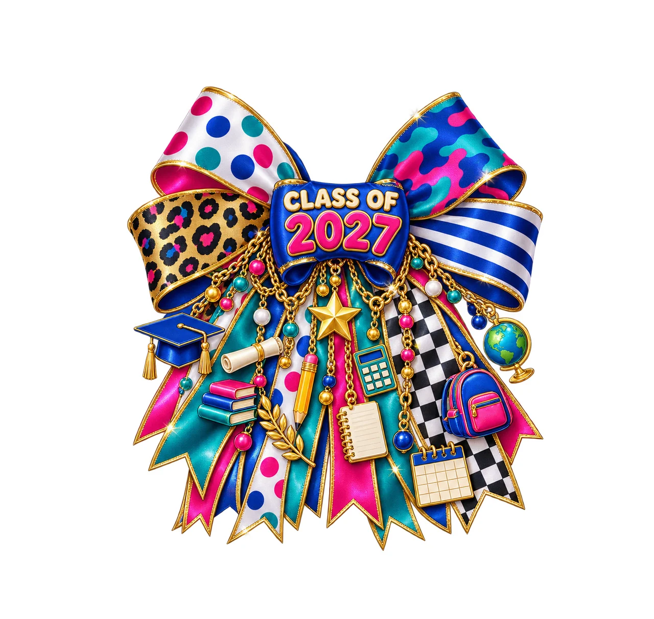 Class of 2027 Graduate Bow Charm PNG, Gold Chain Charms, Transparent Sublimation Design, Digital Download