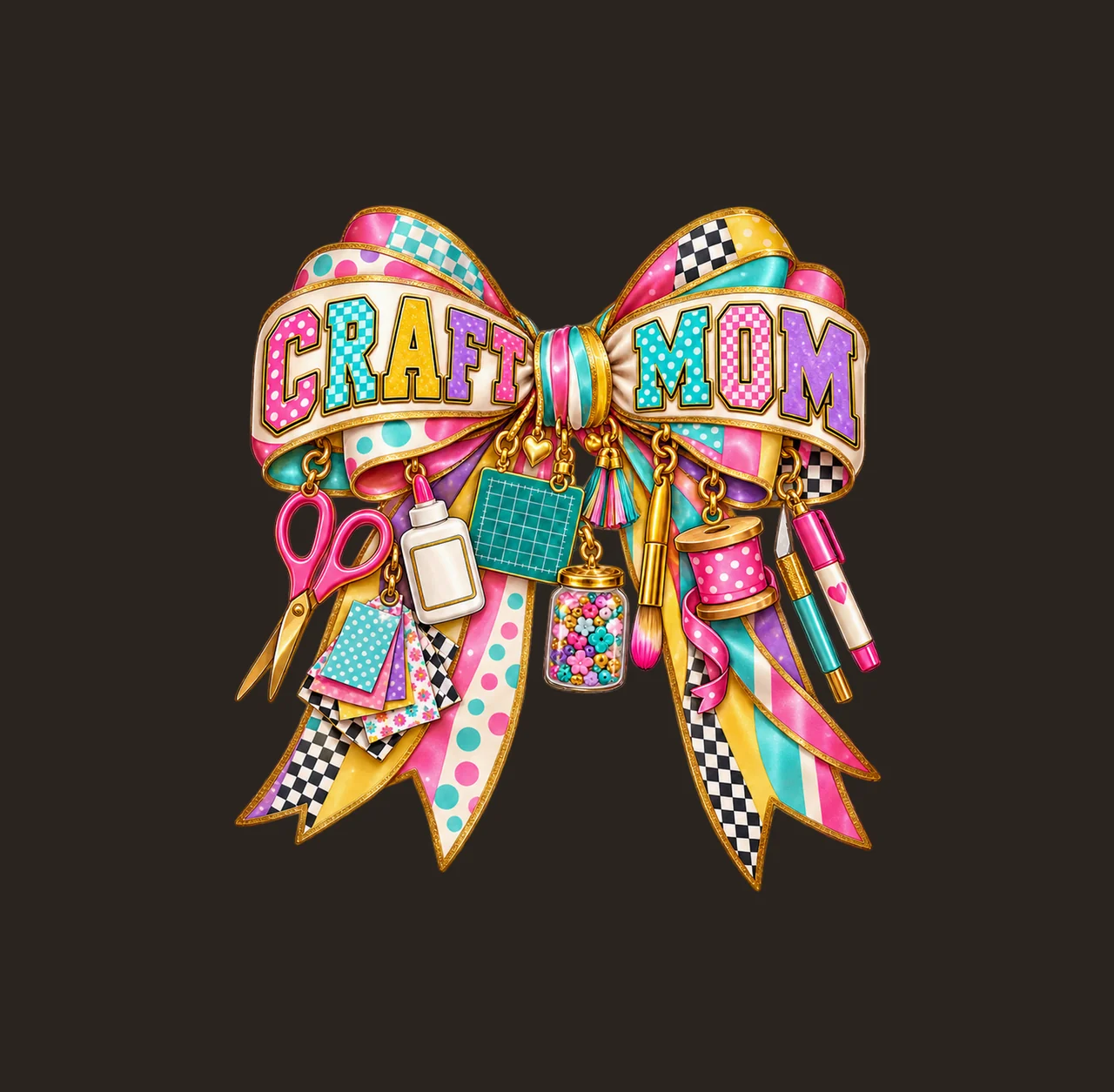 Craft Mom Bow Charm PNG, Patterned Varsity Mom Ribbon Clipart, Transparent Sublimation Digital Download contrast preview thumbnail