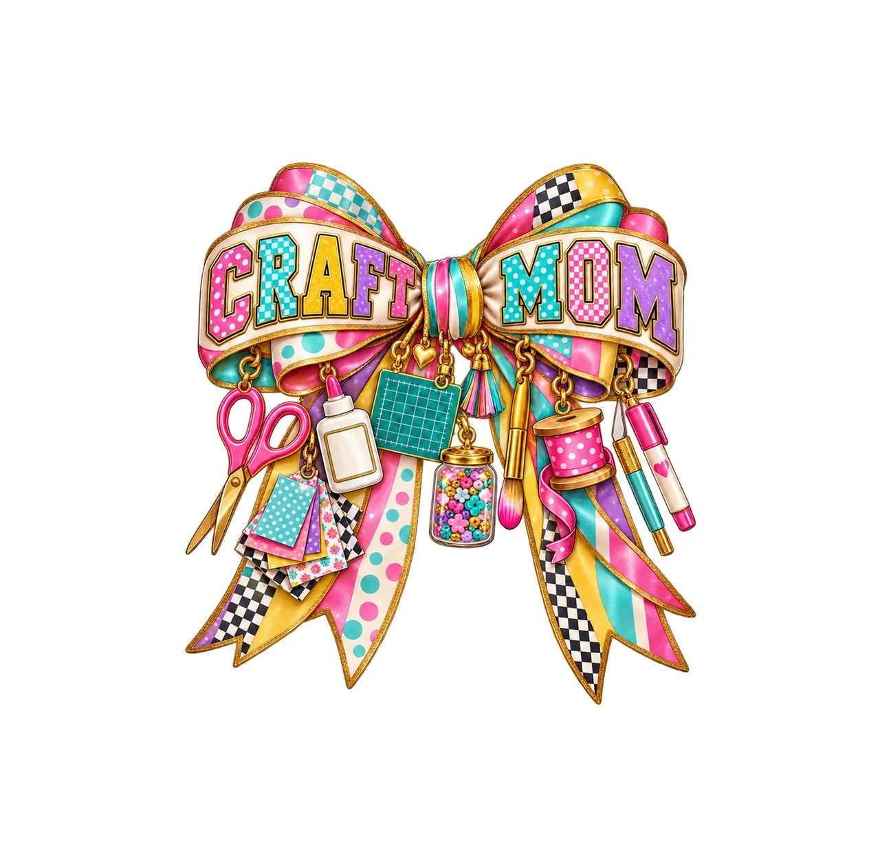 Craft Mom Bow Charm PNG, Patterned Varsity Mom Ribbon Clipart, Transparent Sublimation Digital Download