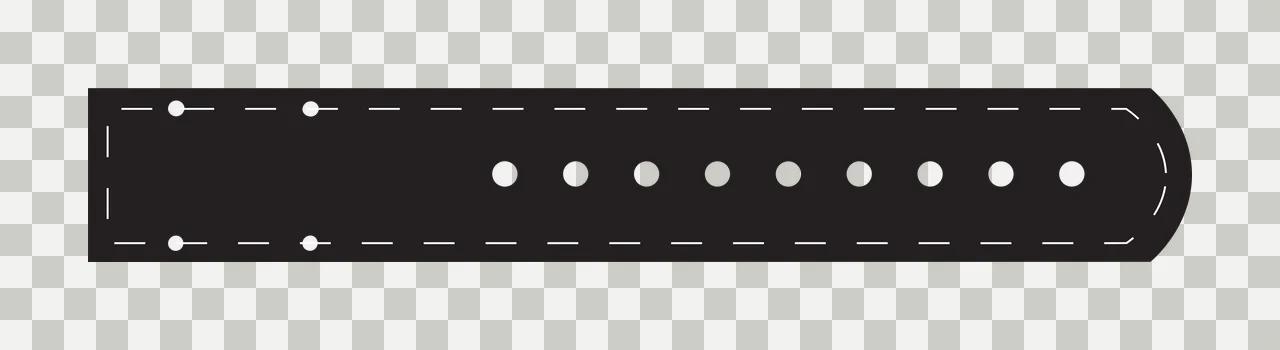 Strap Illustration with black strap, dashed stitching, adjustment holes and rounded tip in white transparency and detail preview thumbnail