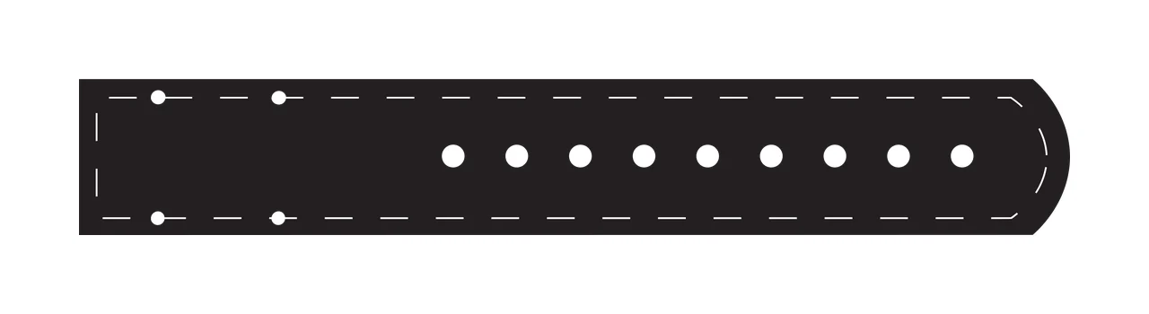Strap Illustration with black strap, dashed stitching, adjustment holes and rounded tip in white