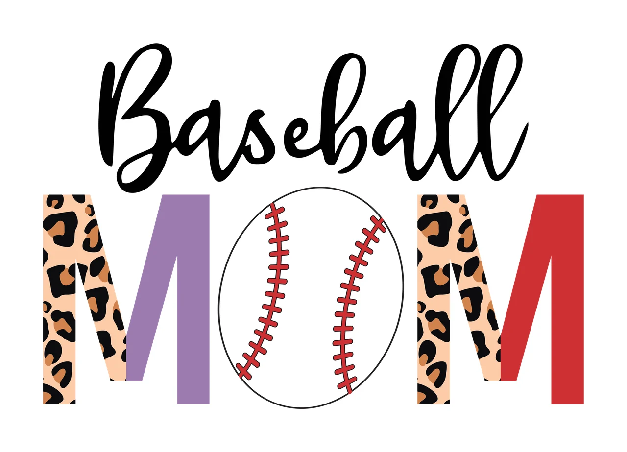 Baseball MOM Typography Design with leopard print M, purple M, red M and baseball with red stitching in black, beige and brown