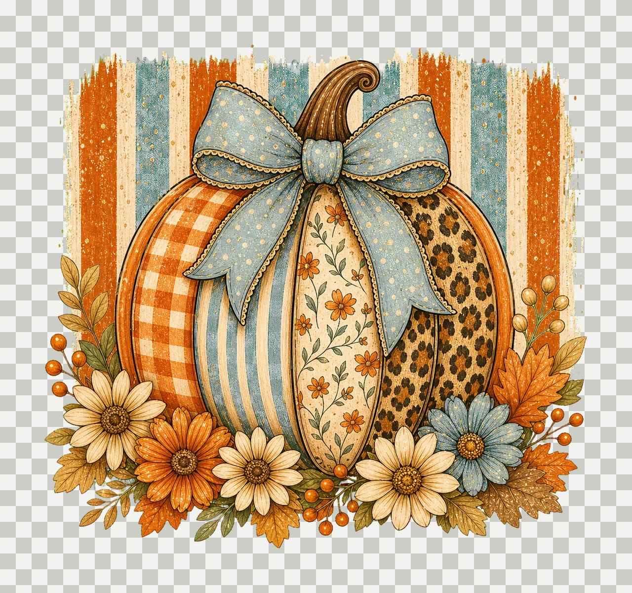 Striped Preppy Fall Pumpkin Glitter Floral Variation B transparency and detail preview thumbnail