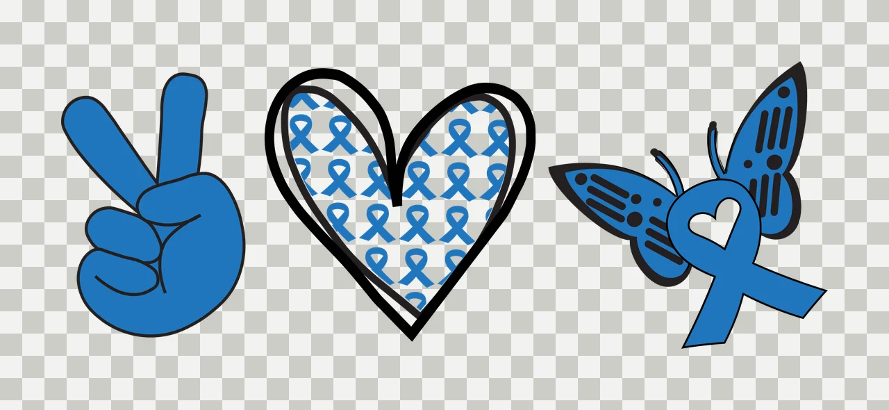Peace sign, heart with blue ribbons, butterfly with blue ribbon and heart cutout Illustration with blue peace sign hand gesture, black-outlined heart filled with blue awareness ribbons, blue butterfly transparency and detail preview thumbnail