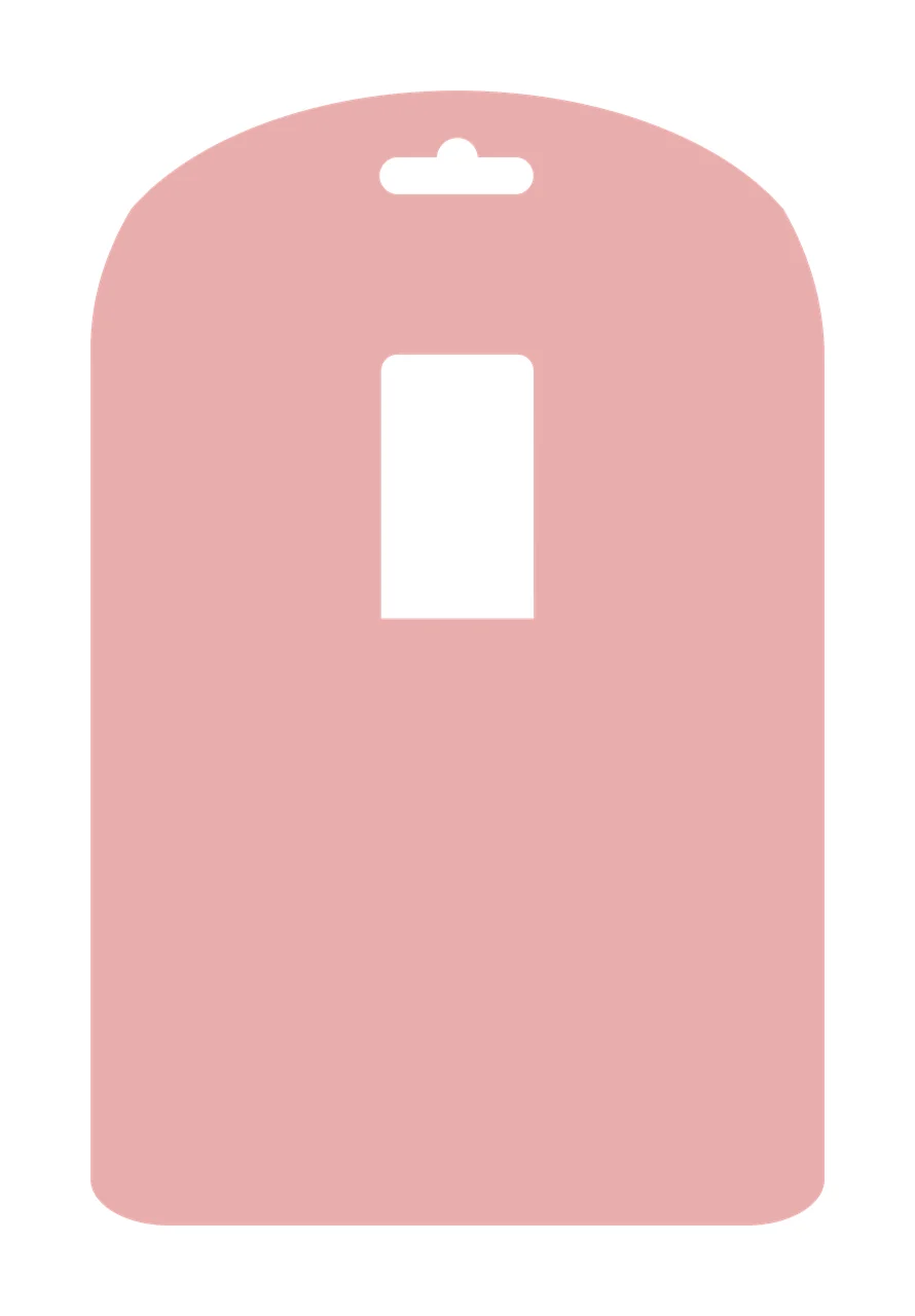 Garment bag template Illustration with hanger hole cutout, rectangular window cutout, rounded arch top and dusty pink shape in white
