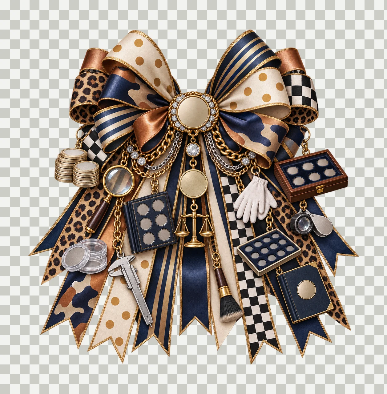 Coin Collector Bow Charm PNG, Gold Chain Charms, Transparent Sublimation Design, Digital Download transparency and detail preview thumbnail
