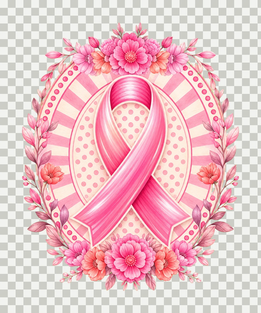 Pink Ribbon Oval Floral Badge awareness frame flowers leaves transparency and detail preview thumbnail