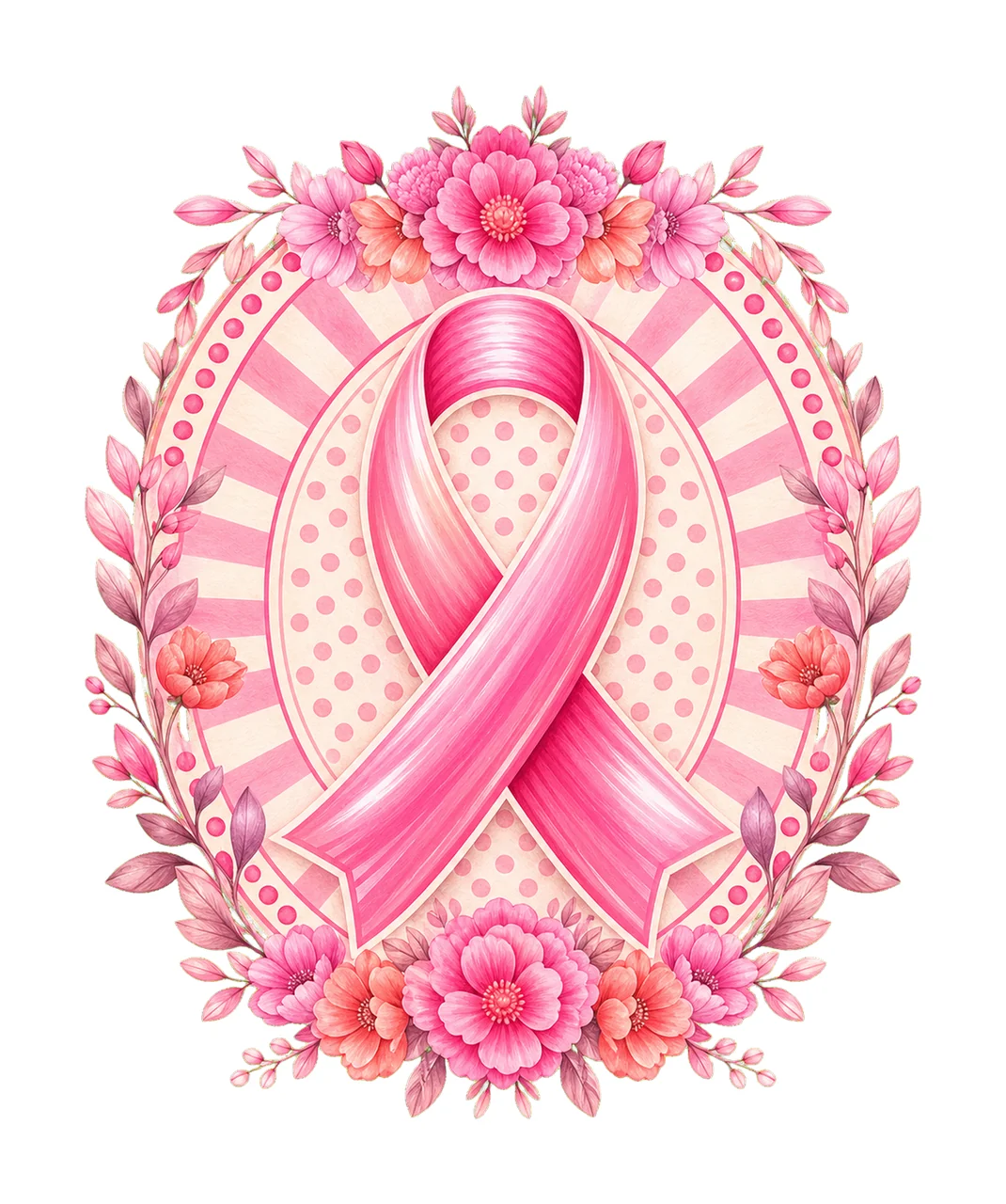 Pink Ribbon Oval Floral Badge awareness frame flowers leaves