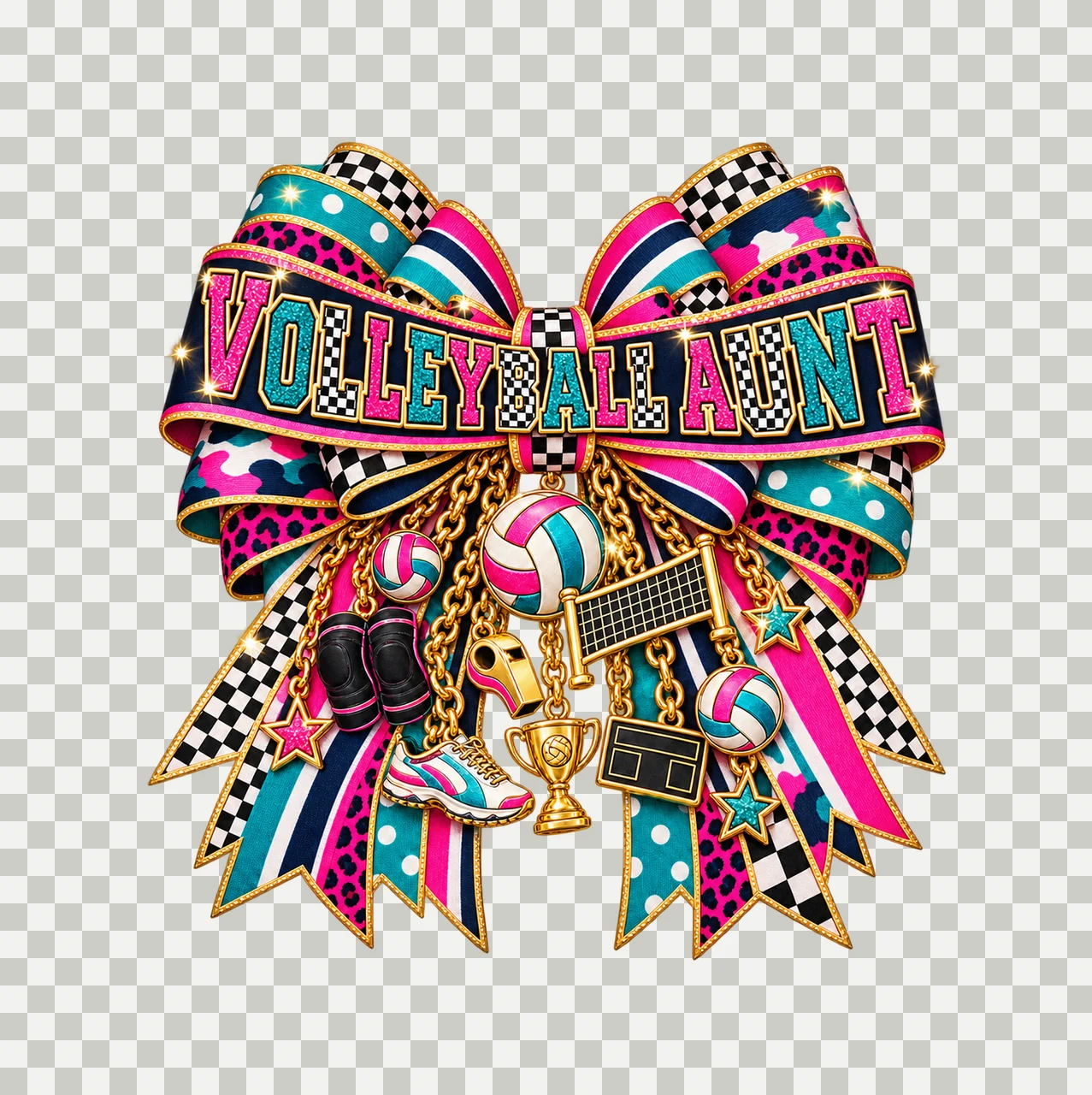 Volleyball Aunt Bow Charm PNG, Patterned Varsity Aunt Ribbon Clipart, Transparent Sublimation Digital Download transparency and detail preview thumbnail