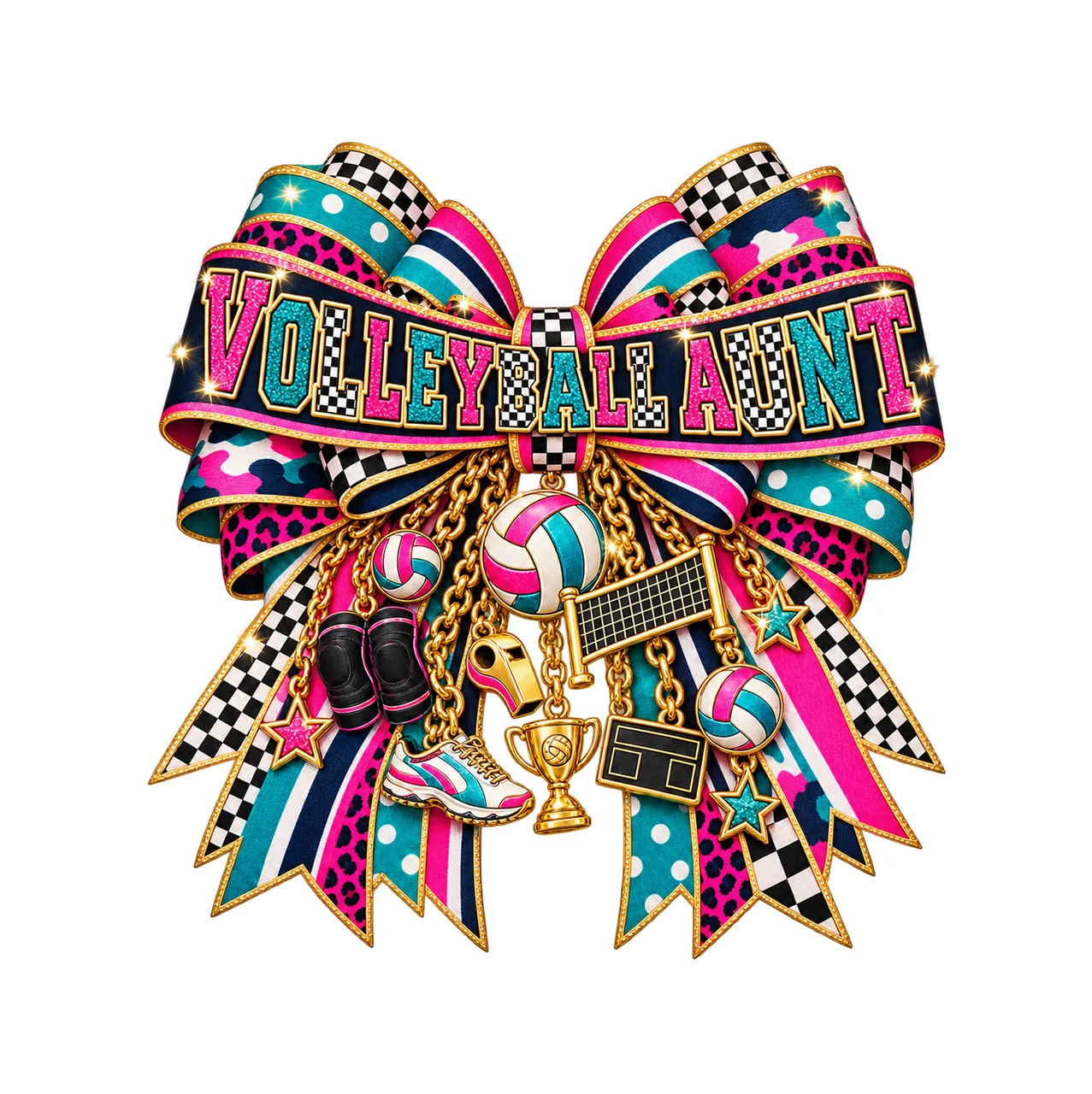 Volleyball Aunt Bow Charm PNG, Patterned Varsity Aunt Ribbon Clipart, Transparent Sublimation Digital Download