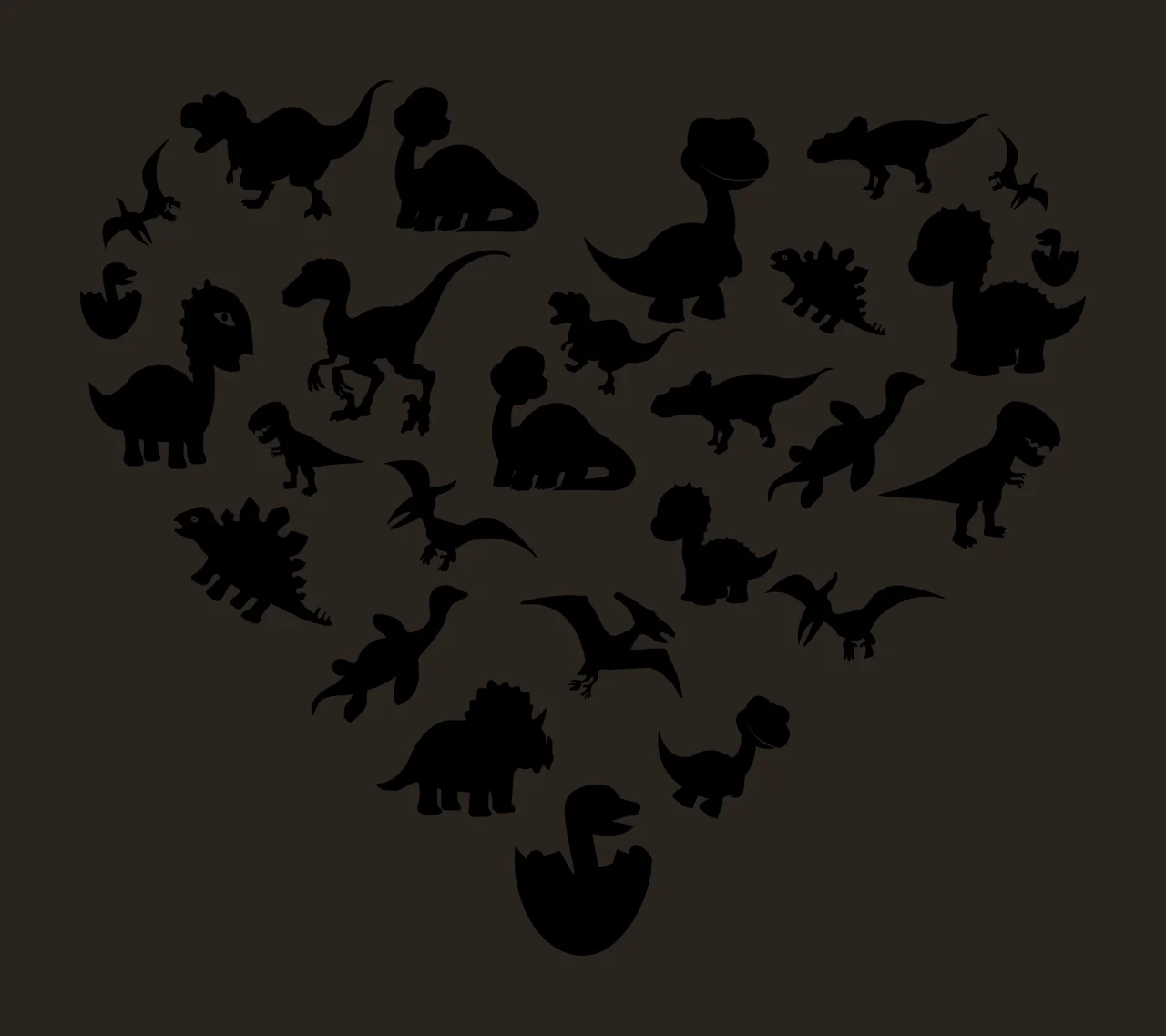 Silhouette Design of dinosaur silhouettes with heart shape arrangement, Tyrannosaurus Rex, Triceratops and Stegosaurus in black and white contrast preview thumbnail