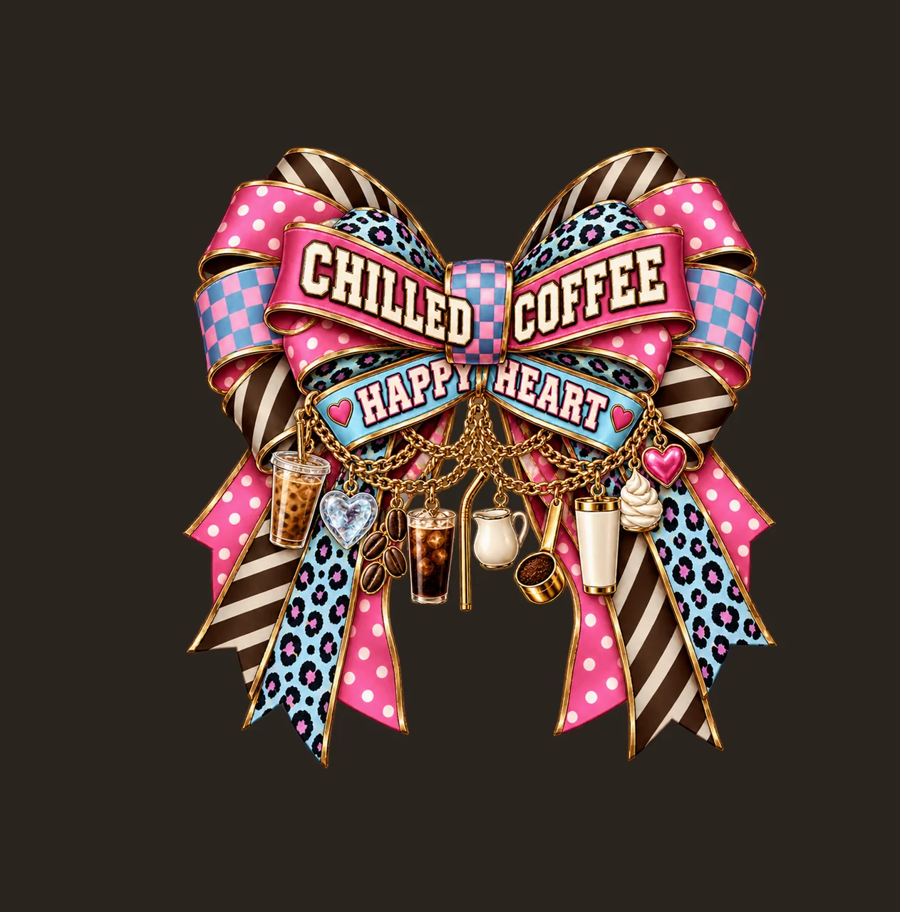 Chilled Coffee Happy Heart Bow Charm PNG, Iced Coffee Quote Clipart, Transparent Sublimation Digital Download contrast preview thumbnail