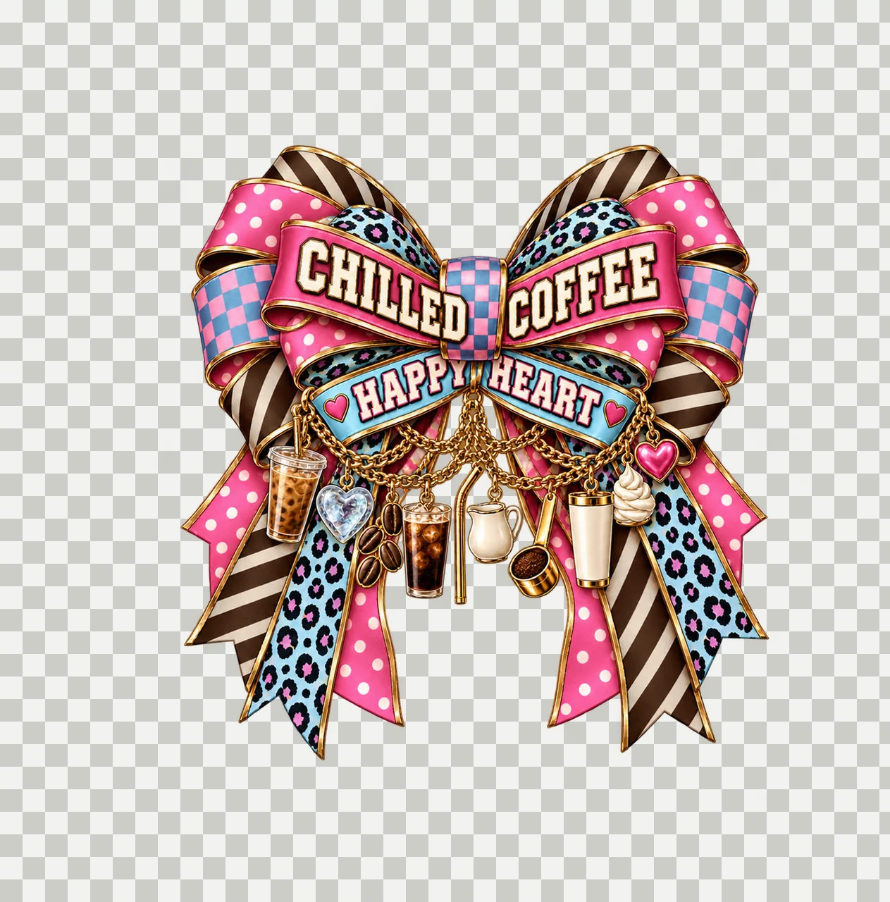 Chilled Coffee Happy Heart Bow Charm PNG, Iced Coffee Quote Clipart, Transparent Sublimation Digital Download transparency and detail preview thumbnail