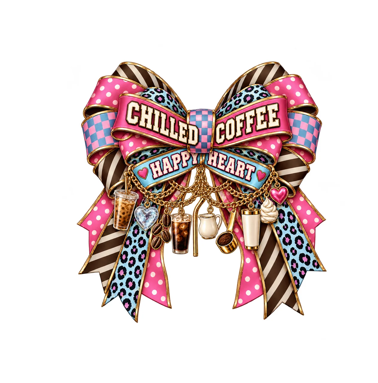 Chilled Coffee Happy Heart Bow Charm PNG, Iced Coffee Quote Clipart, Transparent Sublimation Digital Download