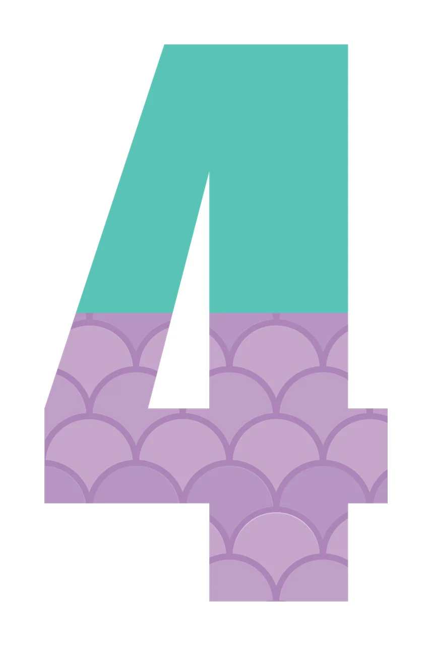 4 Number Design with fish scale pattern, scalloped texture and color block division in turquoise, teal and lavender