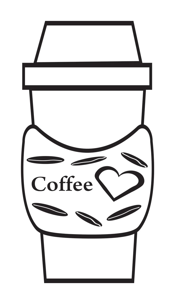 Coffee Coffee cup design with lid, sleeve, text 'Coffee' and heart-shaped icon in black and white