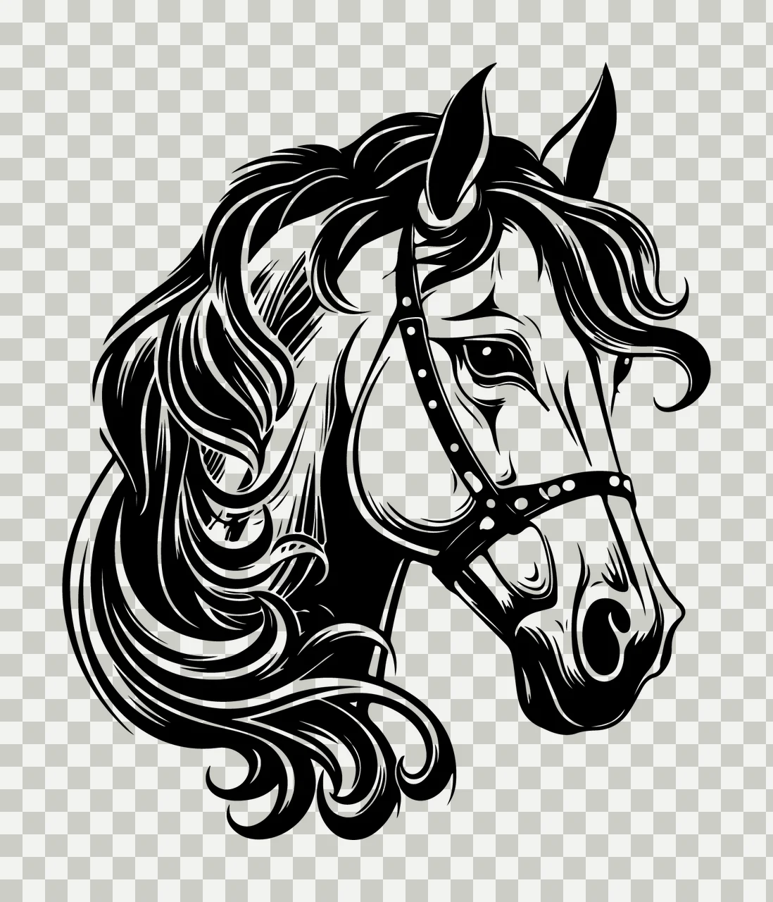 Horse Head Black And White Illustration portrait view bridle transparency and detail preview thumbnail