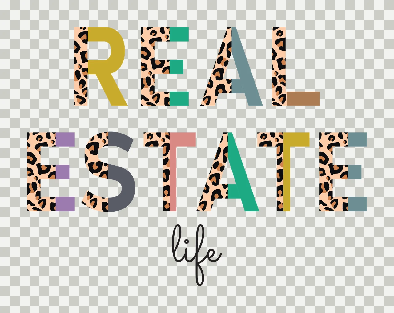 REAL ESTATE life Typography Design with leopard print pattern, multicolored letter blocks and black cursive 'life' in beige and yellow transparency and detail preview thumbnail