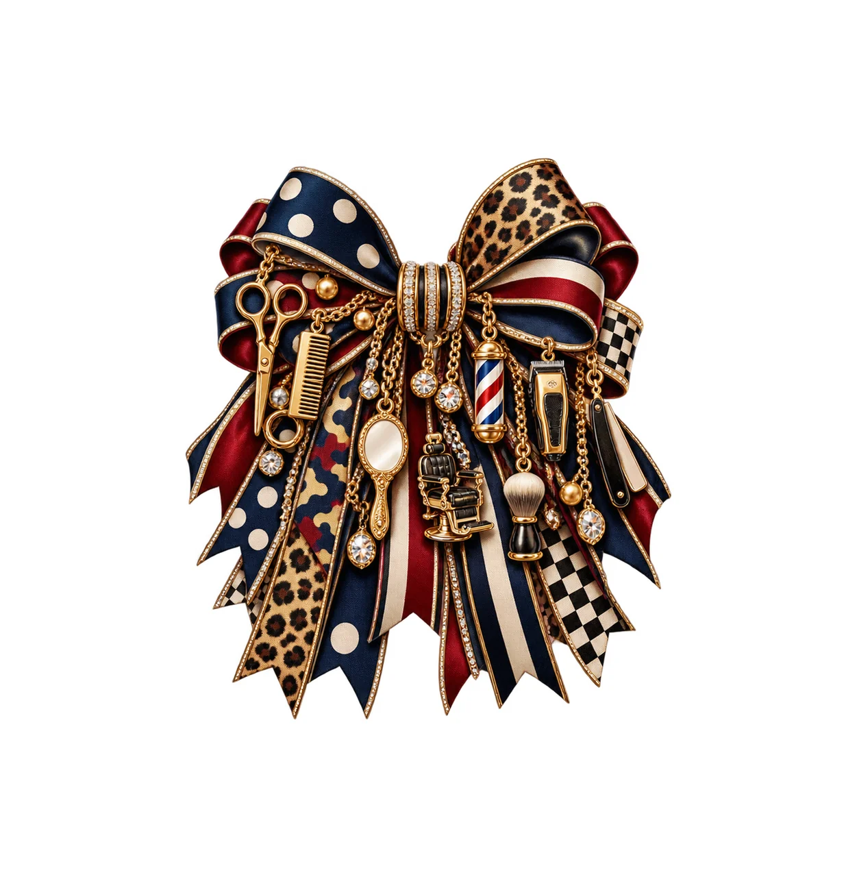 Barber Bow Charm PNG, Themed Gold Chain Charms, Coquette Ribbon Sublimation Design, Transparent Digital Download