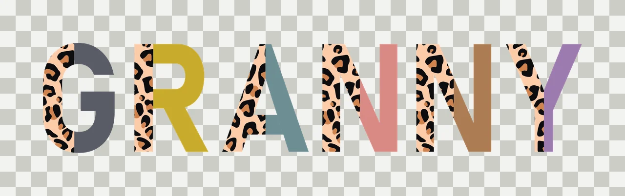 GRANNY Typography Design with GRANNY text, leopard print pattern and multicolored letters in beige, black and gray transparency and detail preview thumbnail