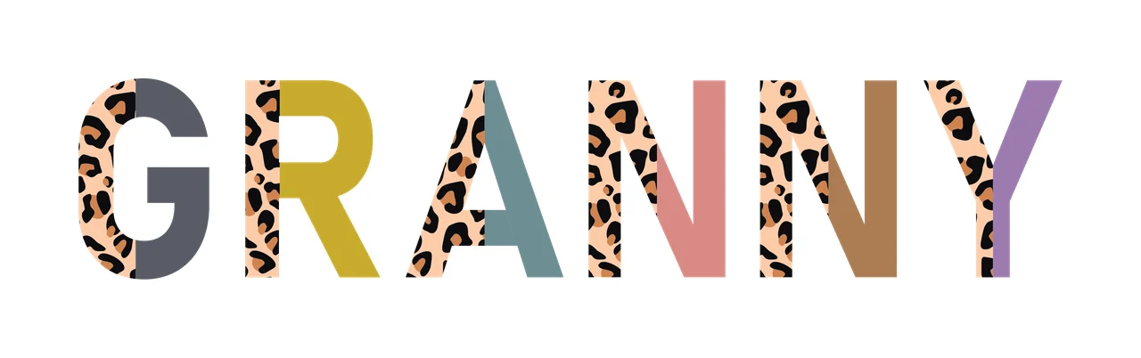 GRANNY Typography Design with GRANNY text, leopard print pattern and multicolored letters in beige, black and gray