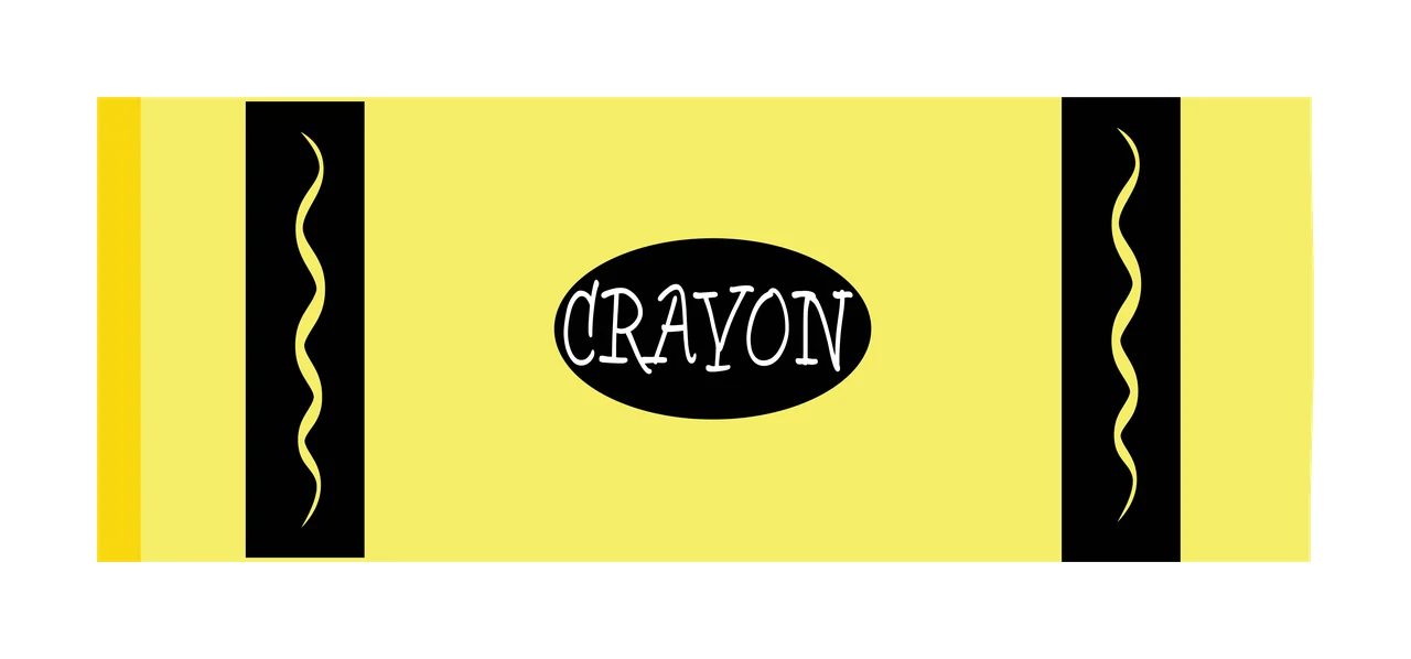 CRAYON crayon wrapper label Design with yellow rectangular background, central black oval, text CRAYON and vertical black stripes in white